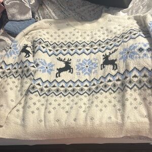 H&M Cream and Blue Reindeer Sweater